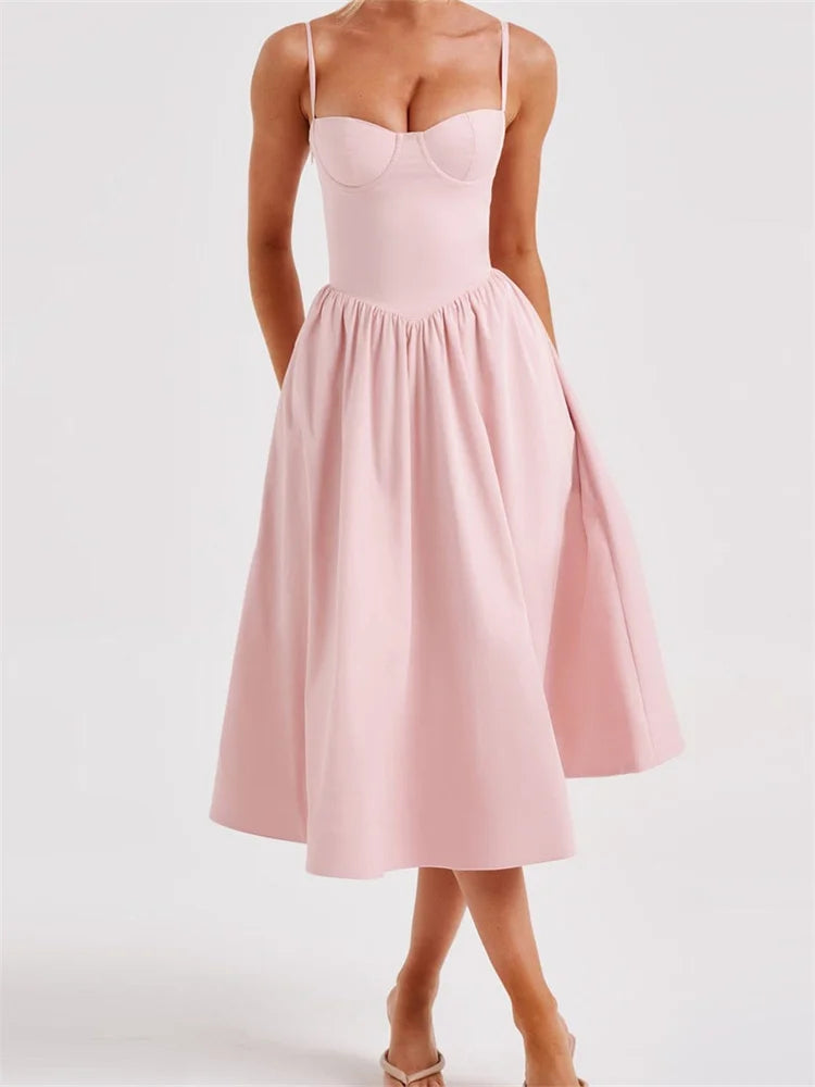 Refined Solid Color Sleeveless Strap Low Cut Backless Formal Midi Dress