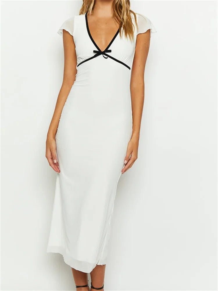 Graceful Summer Skinny White Short Sleeve Deep V Neck Contrast Midi Dress