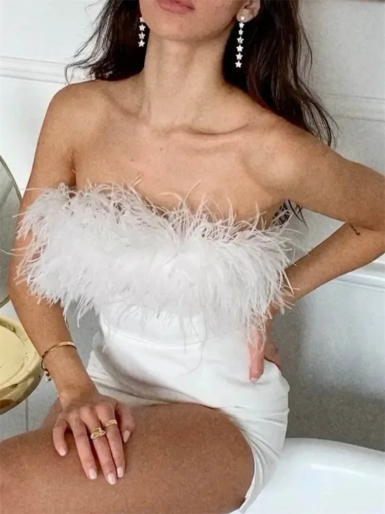 Sophisticated Feather Fur Hem Patchwork Mini Dresses