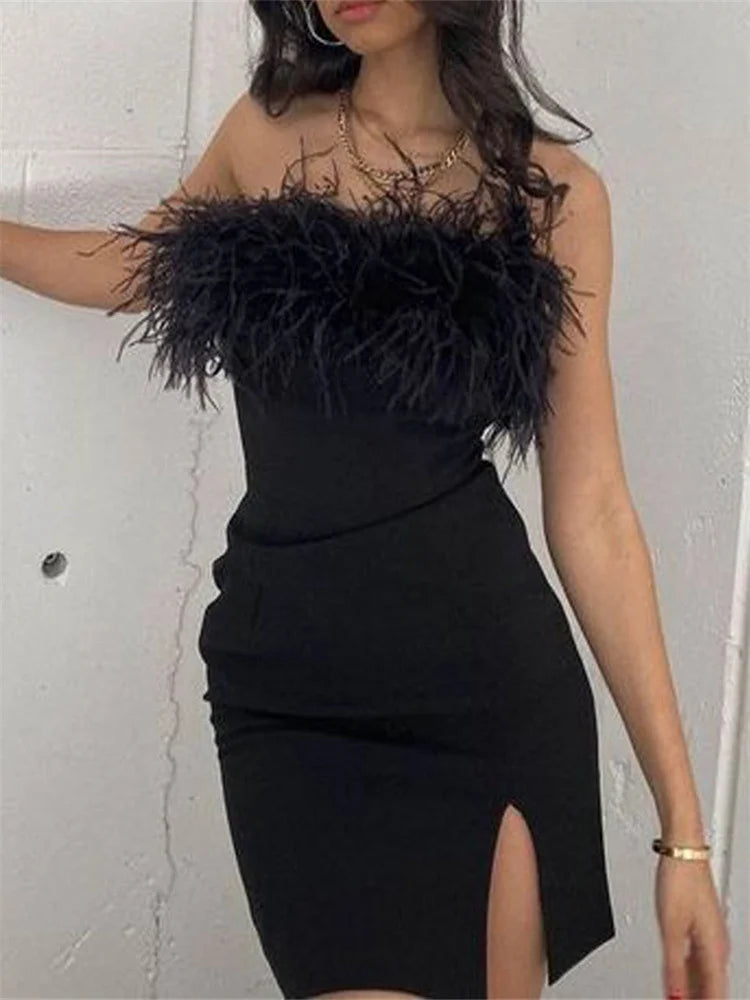 Sophisticated Feather Fur Hem Patchwork Mini Dresses
