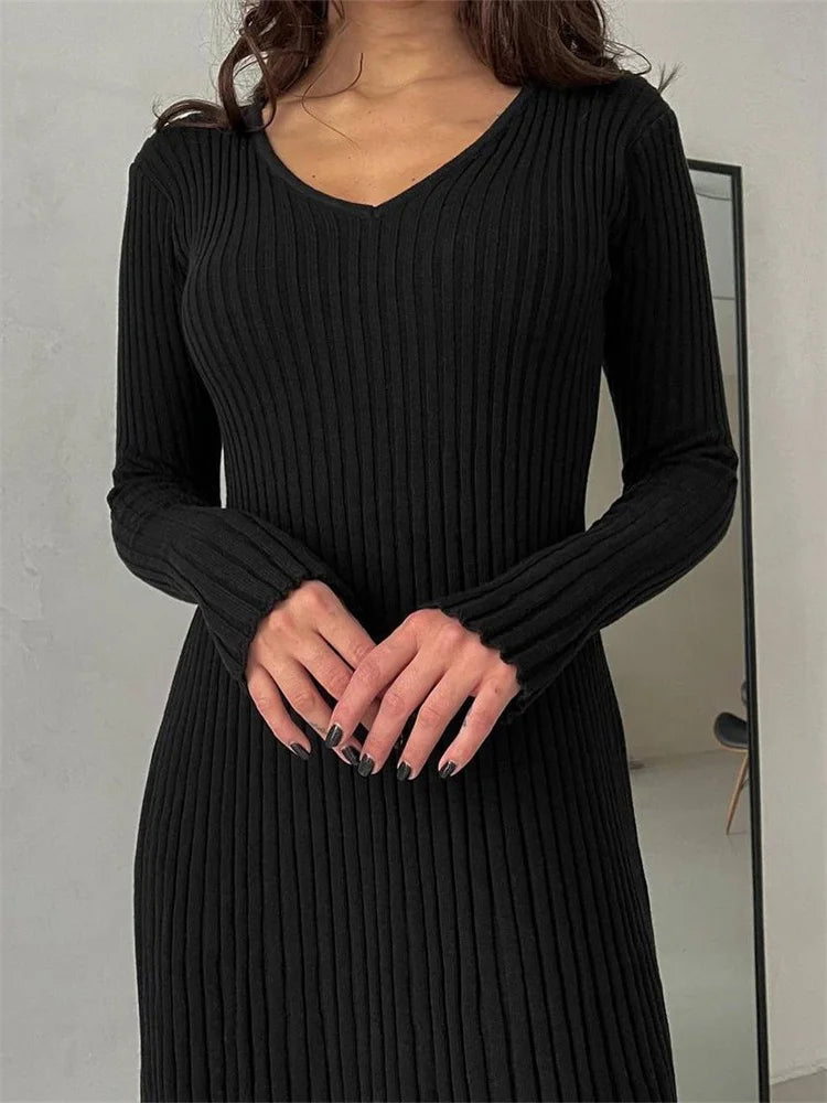 Ribbed Knitted Long Sleeve Slim Fit Solid Autumn Mid Midi Dress