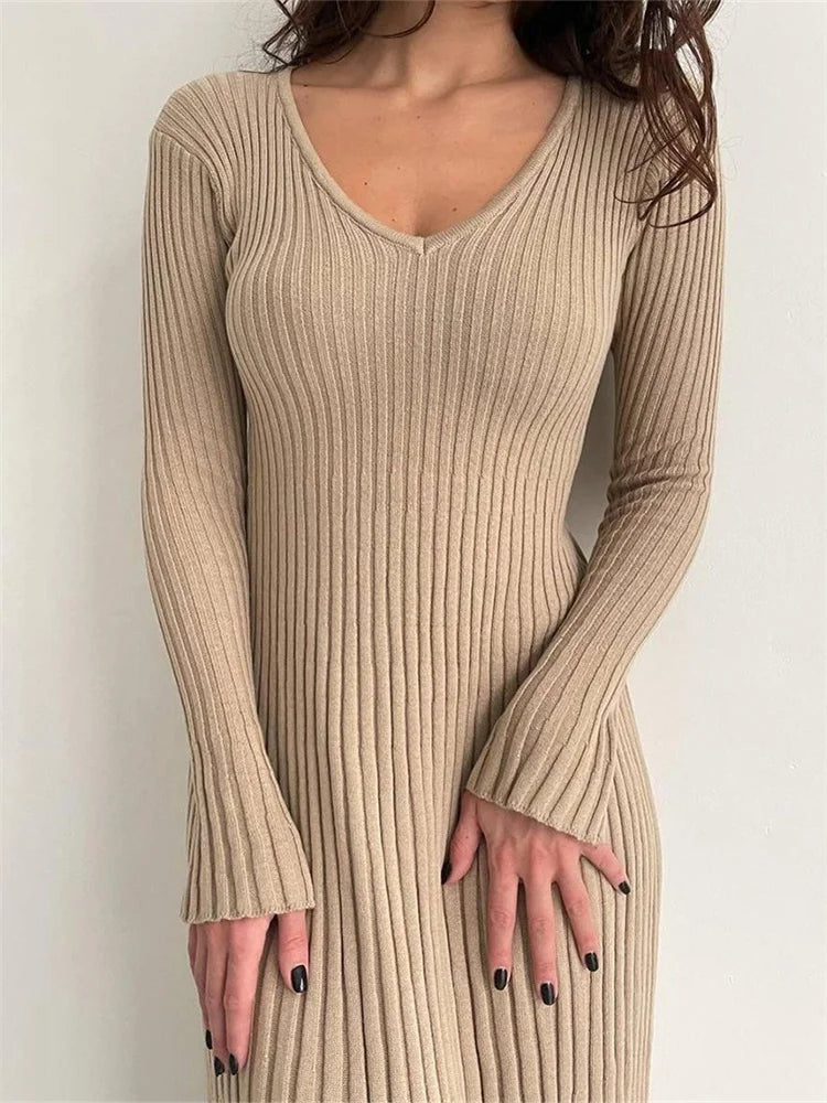 Ribbed Knitted Long Sleeve Slim Fit Solid Autumn Mid Midi Dress