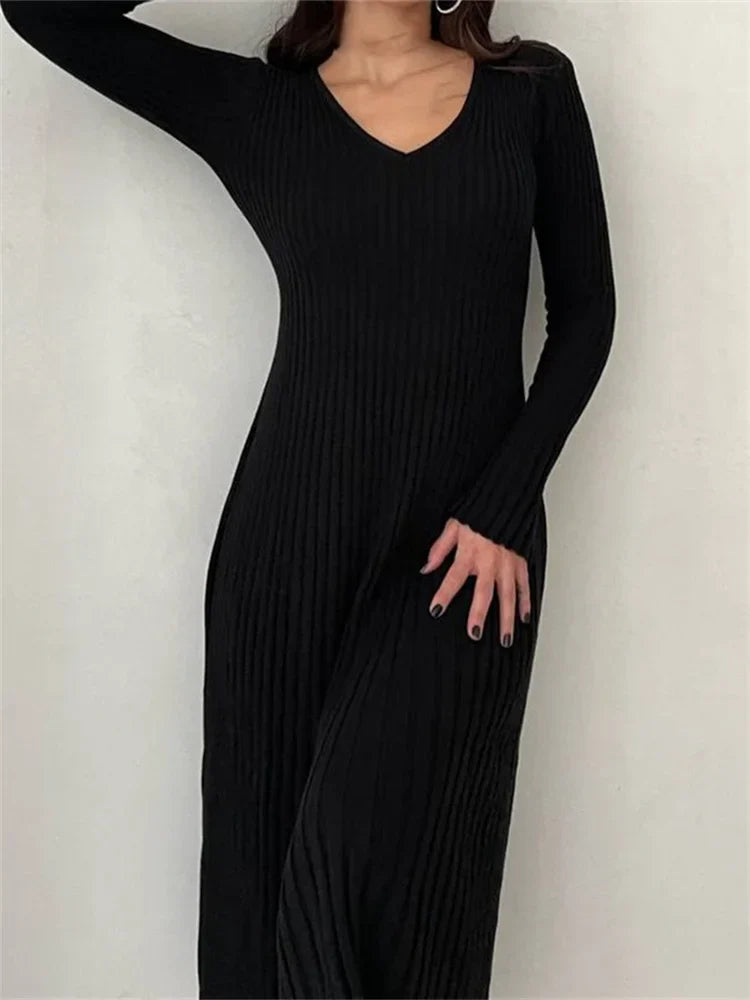 Ribbed Knitted Long Sleeve Slim Fit Solid Autumn Mid Midi Dress