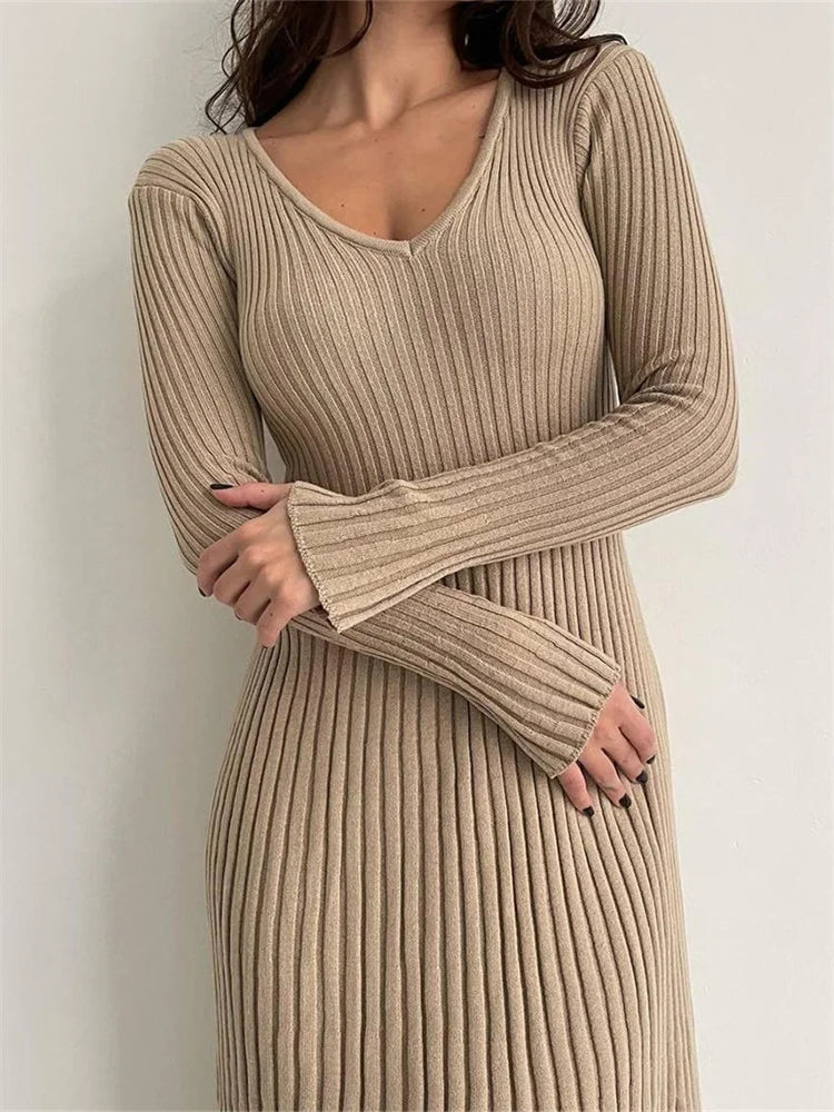 Ribbed Knitted Long Sleeve Slim Fit Solid Autumn Mid Midi Dress