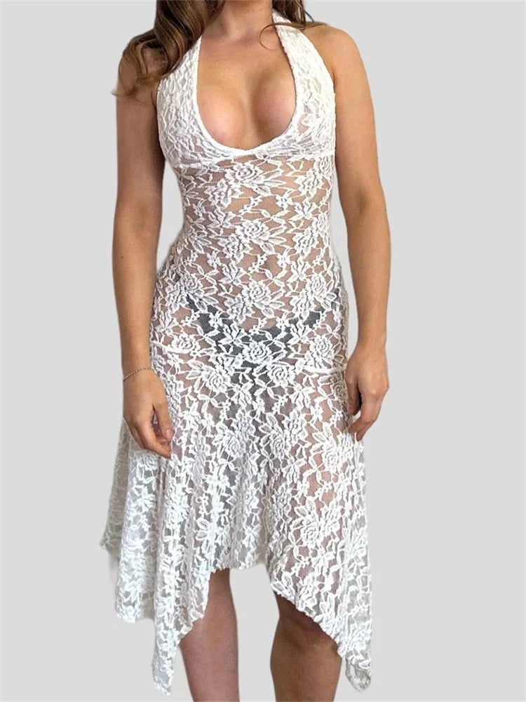 Party SeeThrough Halter Backless Off Shoulder Irregular Hem Midi Dress