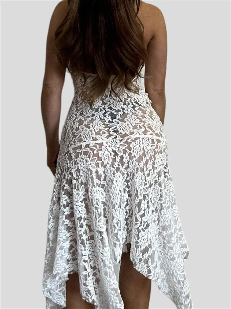 Party SeeThrough Halter Backless Off Shoulder Irregular Hem Midi Dress