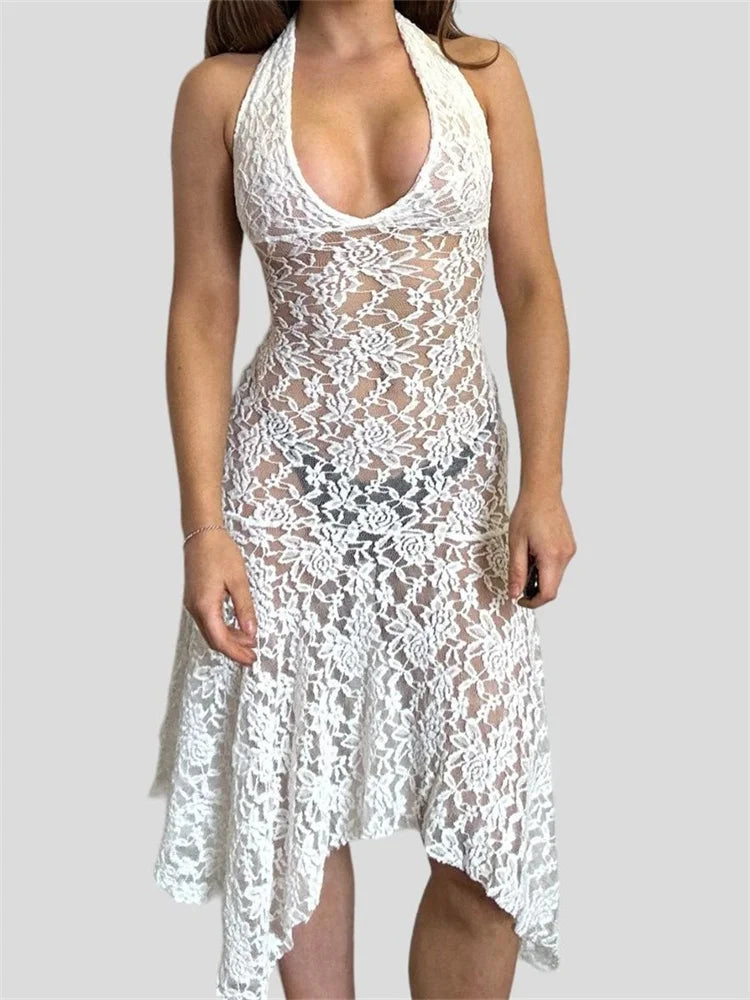 Party SeeThrough Halter Backless Off Shoulder Irregular Hem Midi Dress