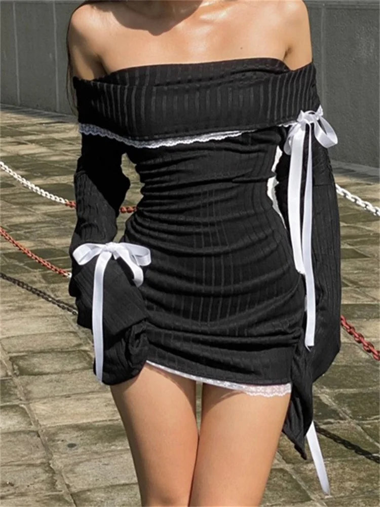 Patchwork Lace Off Shoulder Long Sleeve Mini Dresses
