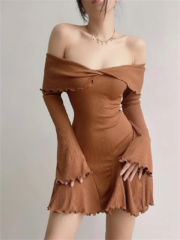 Flare Long Sleeve Ribbed Slash Neck Mini Dresses