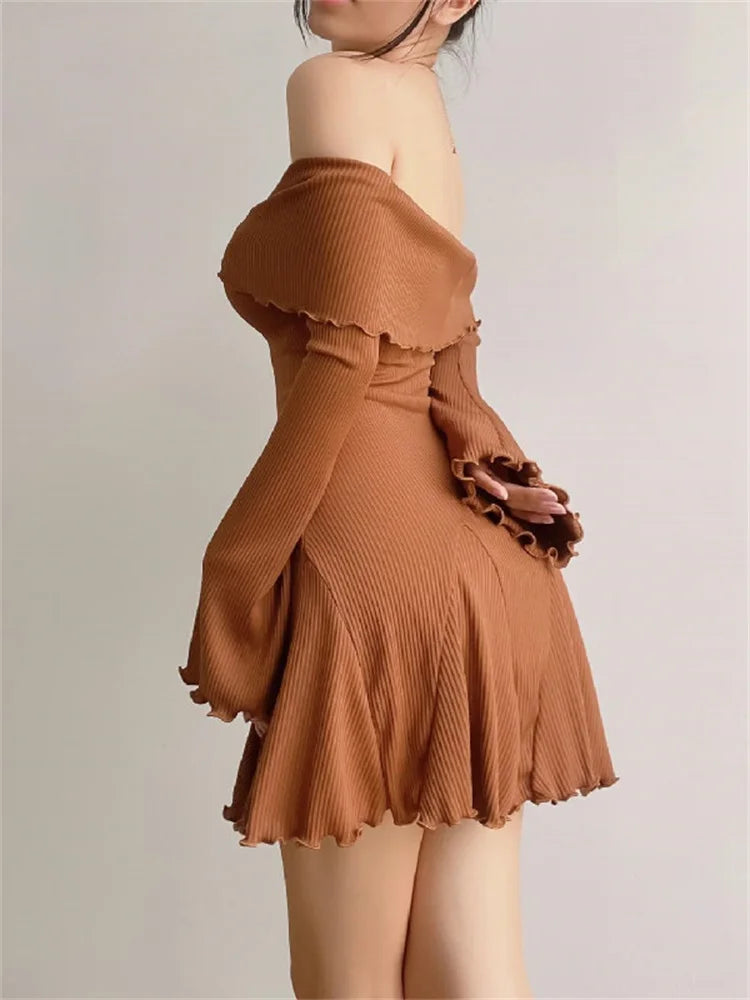 Flare Long Sleeve Ribbed Slash Neck Mini Dresses