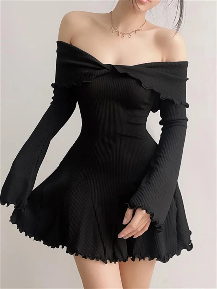 Flare Long Sleeve Ribbed Slash Neck Mini Dresses