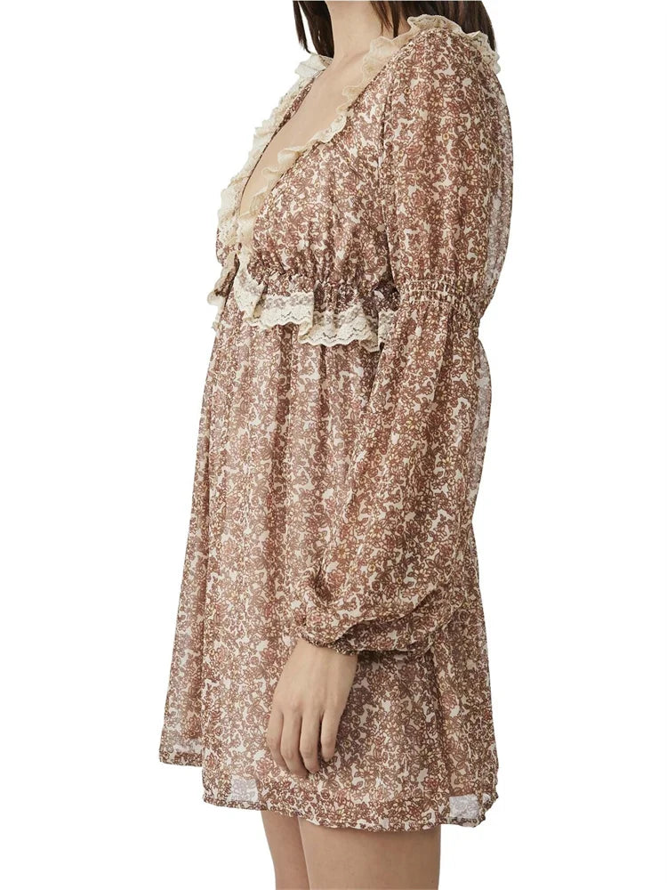 Retro Botanical Print Long Sleeve V Neck Mini Dresses