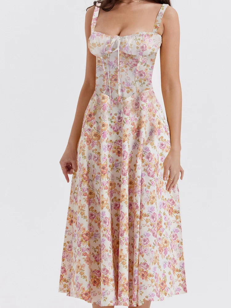 Sleeveless Ruched Strap Square Neck LaceUp High Split Midi Dress