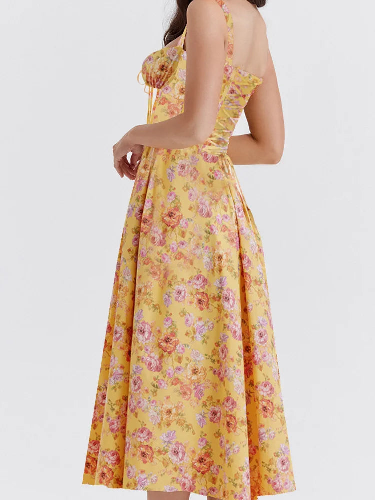 Sleeveless Ruched Strap Square Neck LaceUp High Split Midi Dress