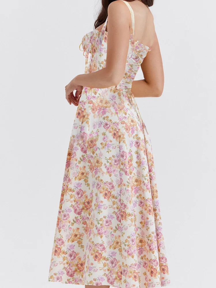 Sleeveless Ruched Strap Square Neck LaceUp High Split Midi Dress