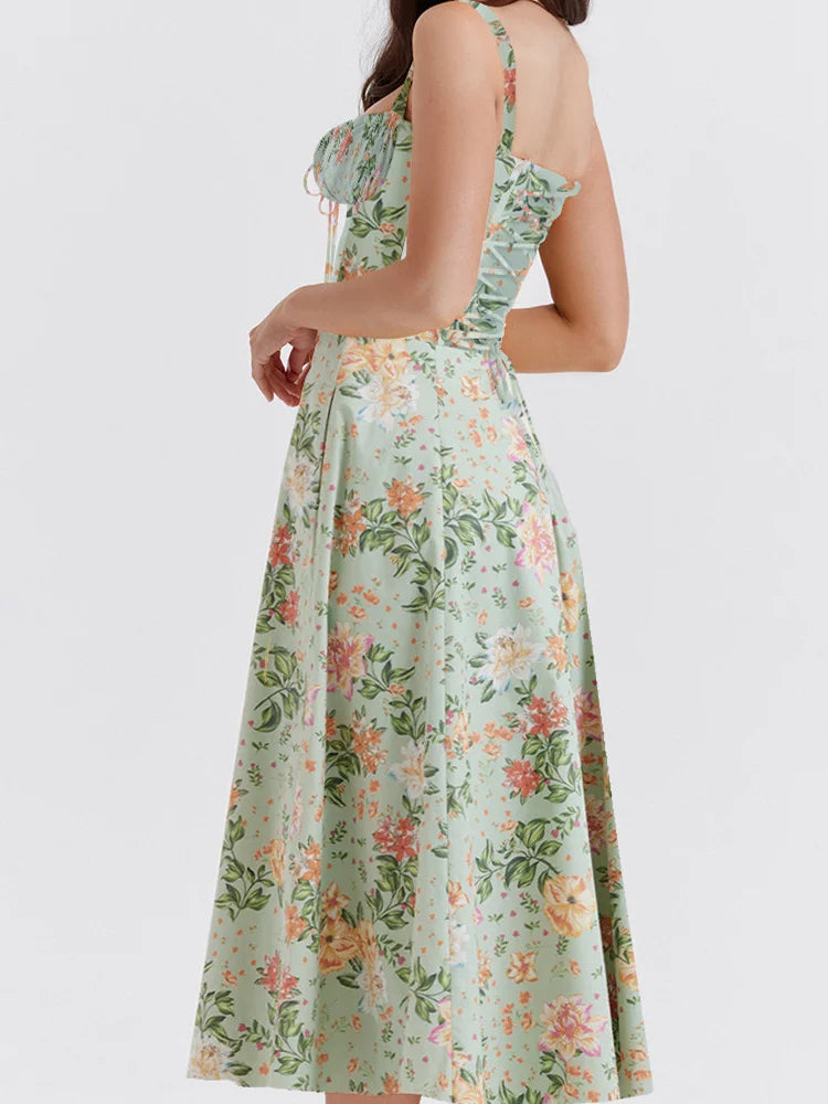 Sleeveless Ruched Strap Square Neck LaceUp High Split Midi Dress