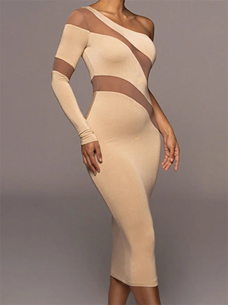 Sheer Bodycon Patchwork Off Shoulder Long Sleeve Party Midi Dress