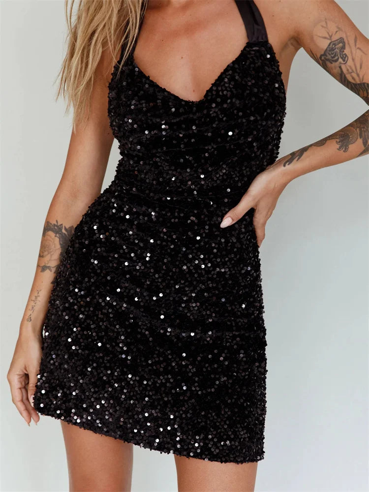 Halter Glitter Party Sequined TieUp Mini Dresses