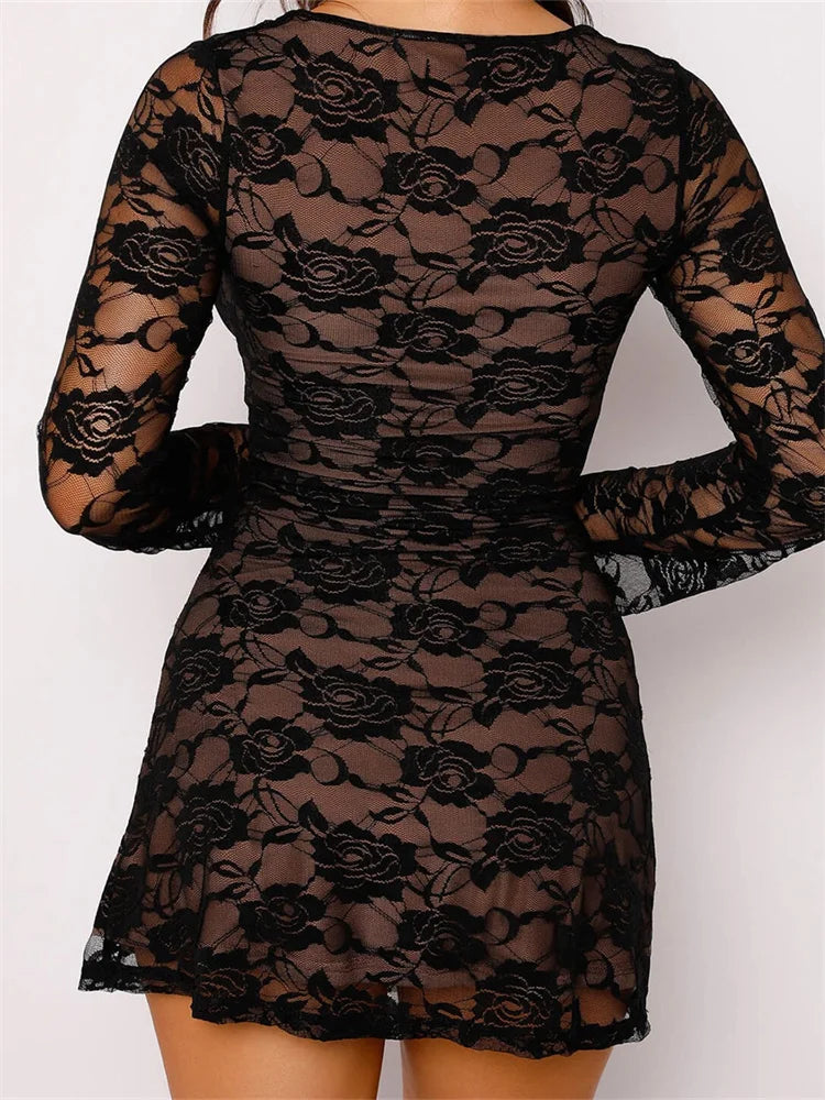 Lace Sensual Vneck Mesh Mini Dresses
