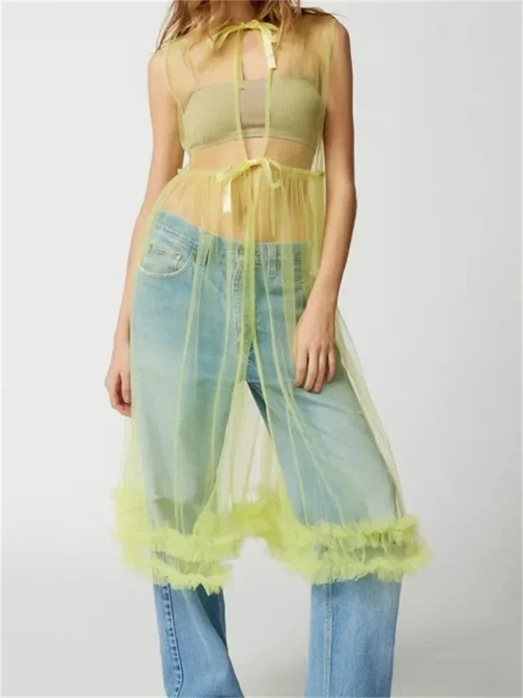 SeeThrough Sheer Solid Color Crew Neck Ruffles Sleeveless Midi Dress