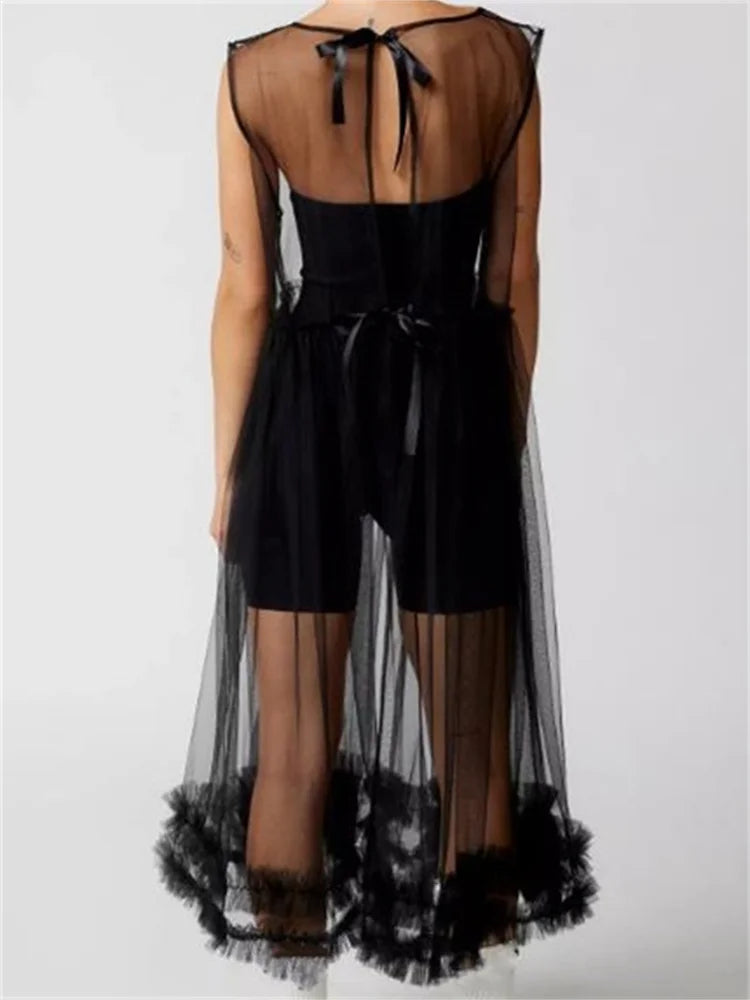 SeeThrough Sheer Solid Color Crew Neck Ruffles Sleeveless Midi Dress