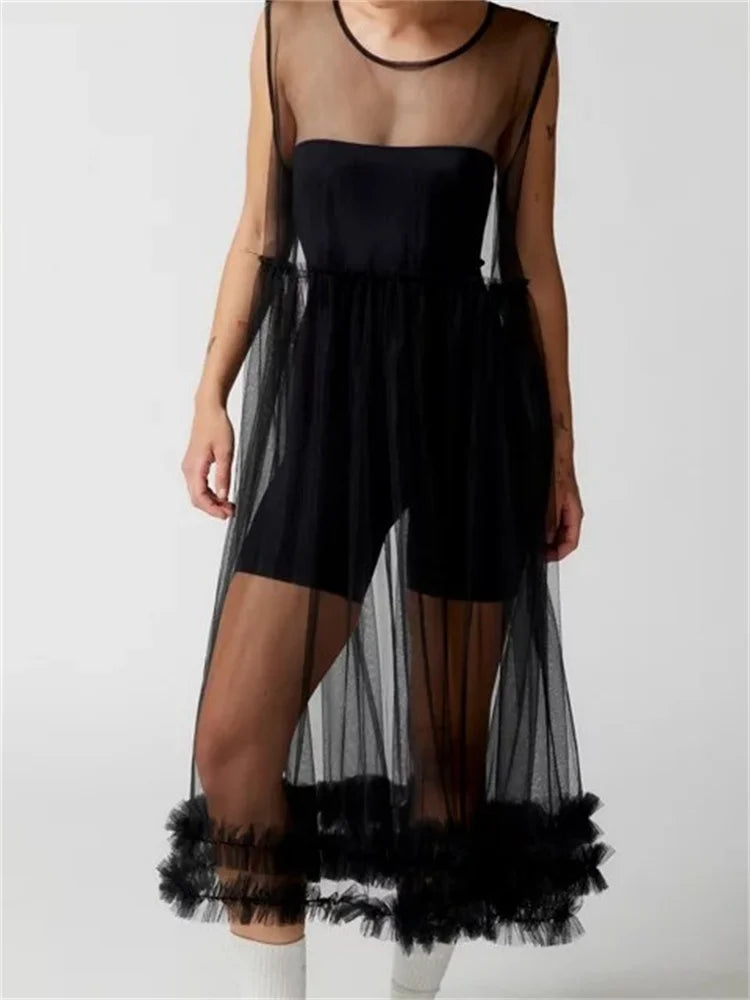 SeeThrough Sheer Solid Color Crew Neck Ruffles Sleeveless Midi Dress