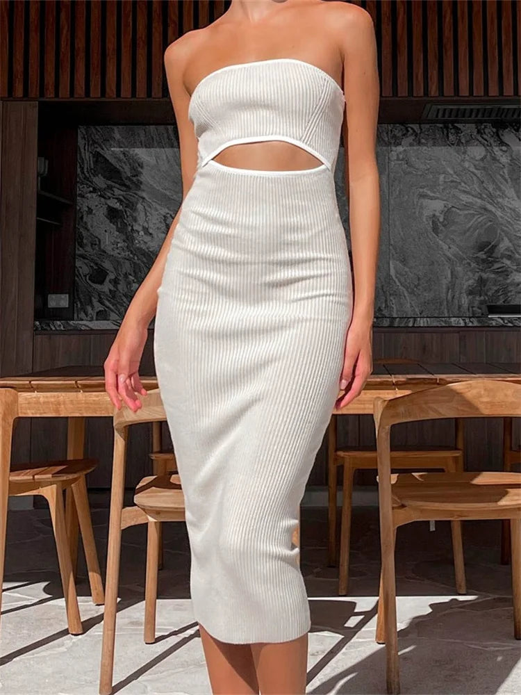 Shoulder Off Knitted Strapless Backless Striped Patchwork Midi Dress