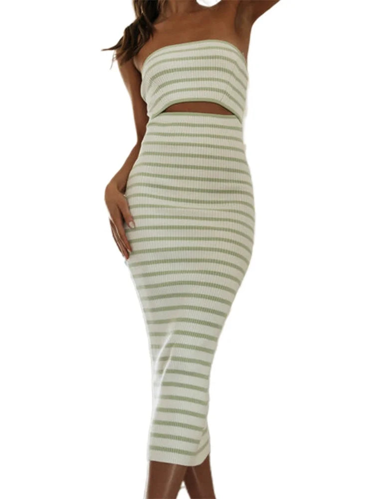 Shoulder Off Knitted Strapless Backless Striped Patchwork Midi Dress