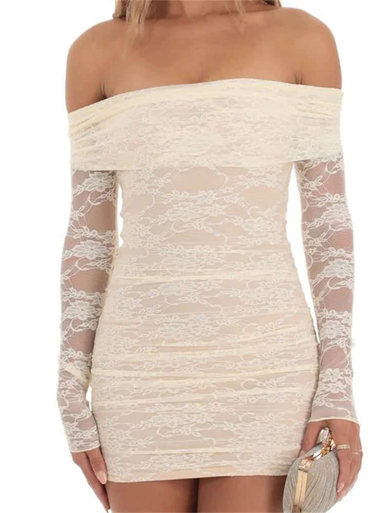 Shoulder Off Lace Long Sleeve Bodycon Mini Dresses