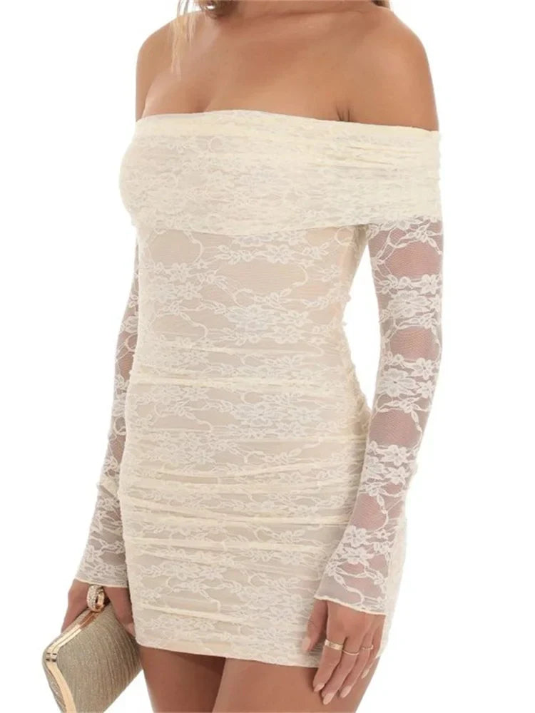 Shoulder Off Lace Long Sleeve Bodycon Mini Dresses