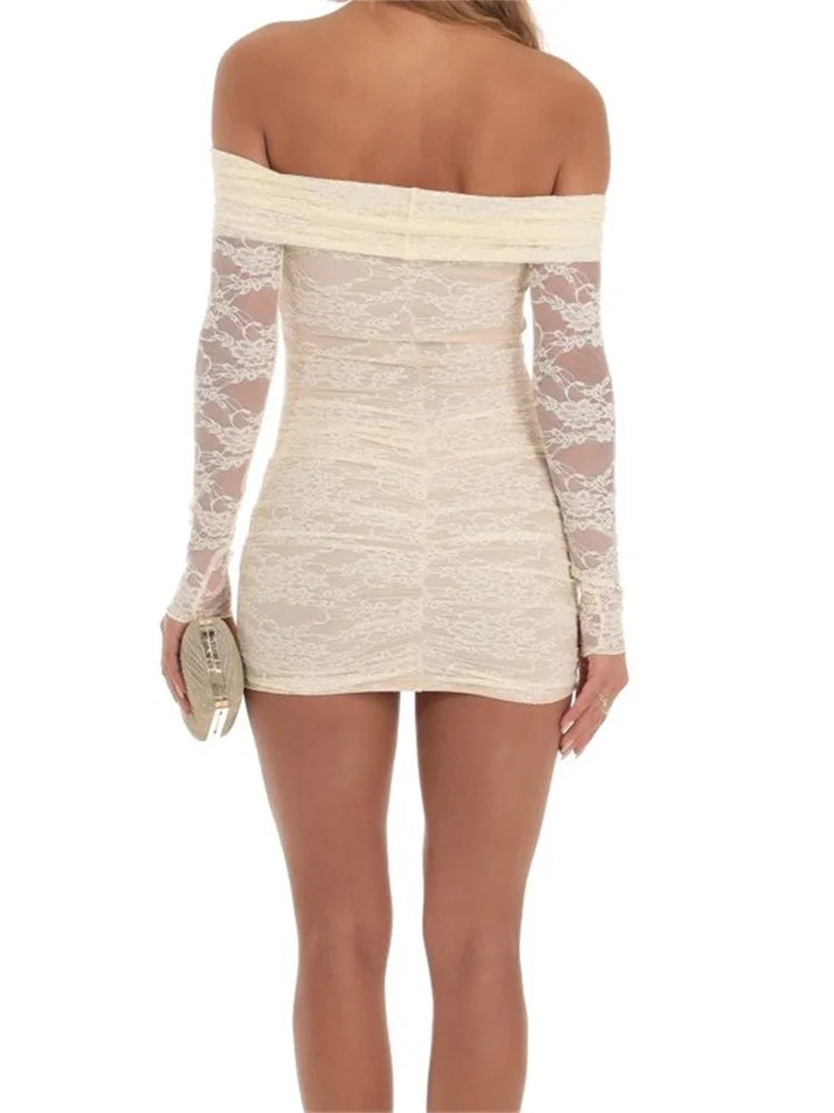 Shoulder Off Lace Long Sleeve Bodycon Mini Dresses