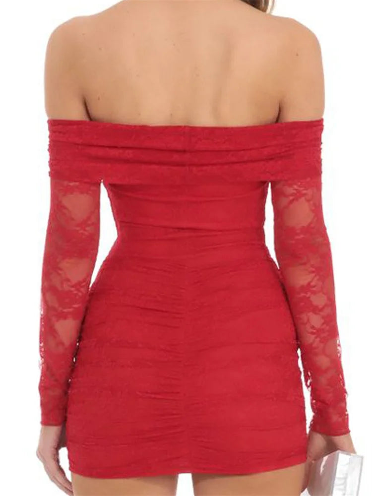 Shoulder Off Lace Long Sleeve Bodycon Mini Dresses