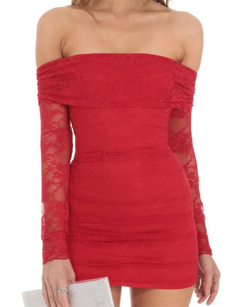 Shoulder Off Lace Long Sleeve Bodycon Mini Dresses