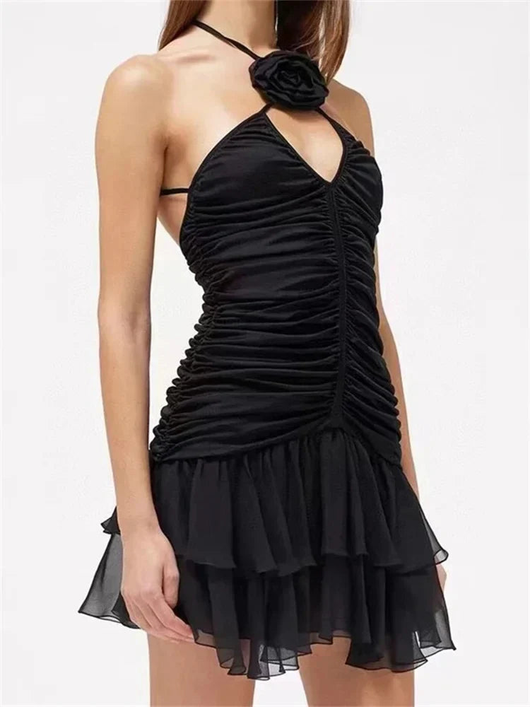 Solid Ruffles Slim Halter Backless Mini Dresses
