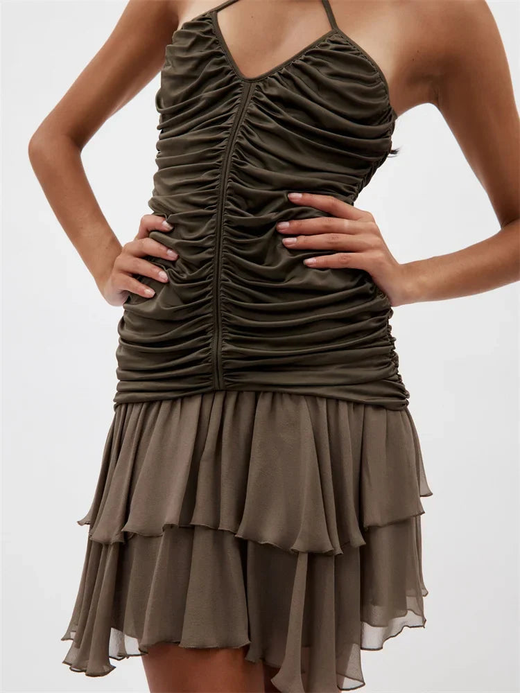 Solid Ruffles Slim Halter Backless Mini Dresses