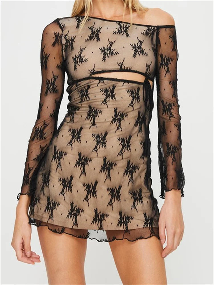Patchwork Lace Off Shoulder Mini Dresses