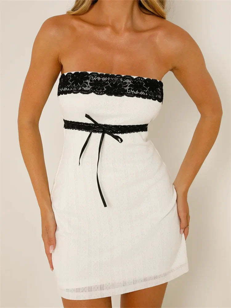 Shoulder Off Lace Trim Tube Mini Dresses