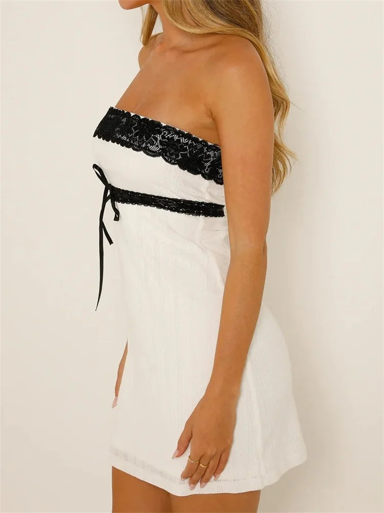 Shoulder Off Lace Trim Tube Mini Dresses