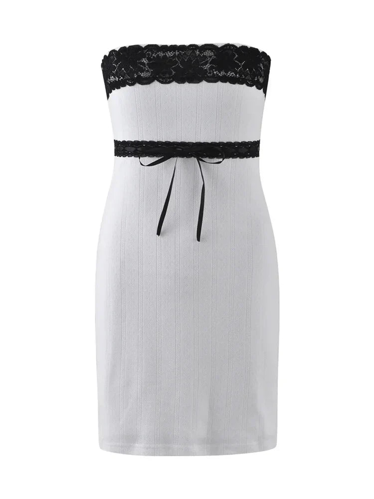 Shoulder Off Lace Trim Tube Mini Dresses