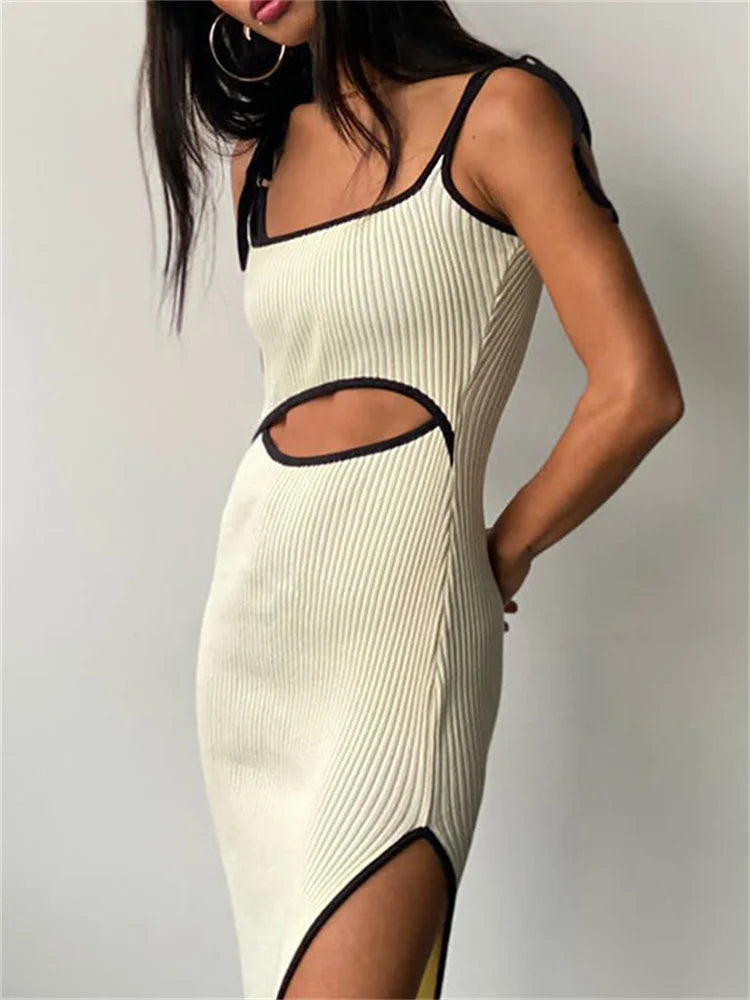Waist LaceUp Cutout Hollow Out Side Split Sleeveless Midi Dress