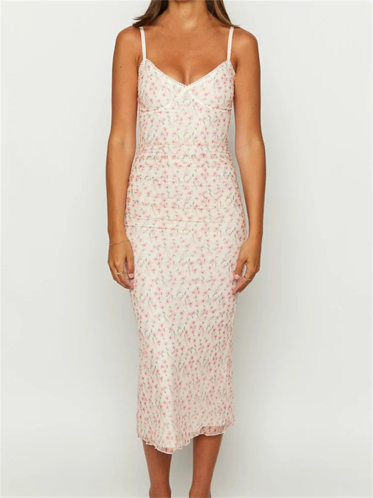 Timeless Floral Print Sleeveless Strap Summer Slim Fit VNeck Midi Dress