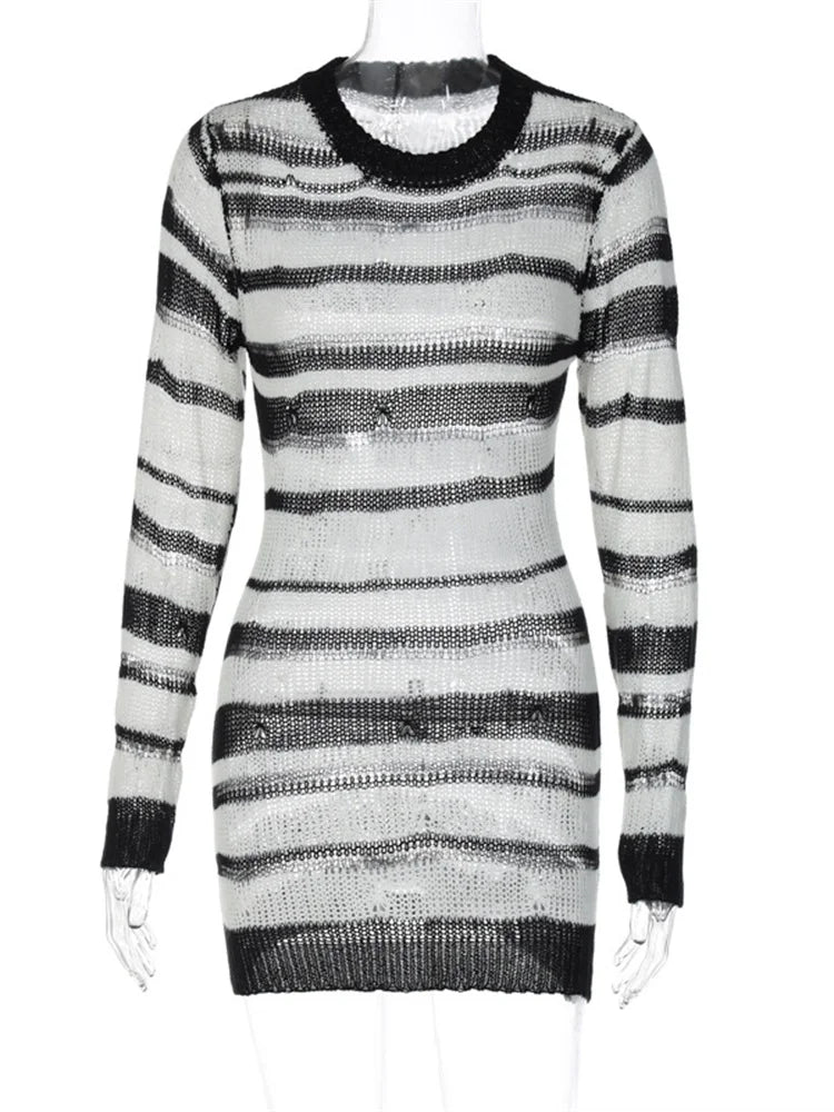 Striped Grunge Crochet Knitted Bodycon Mini Dresses