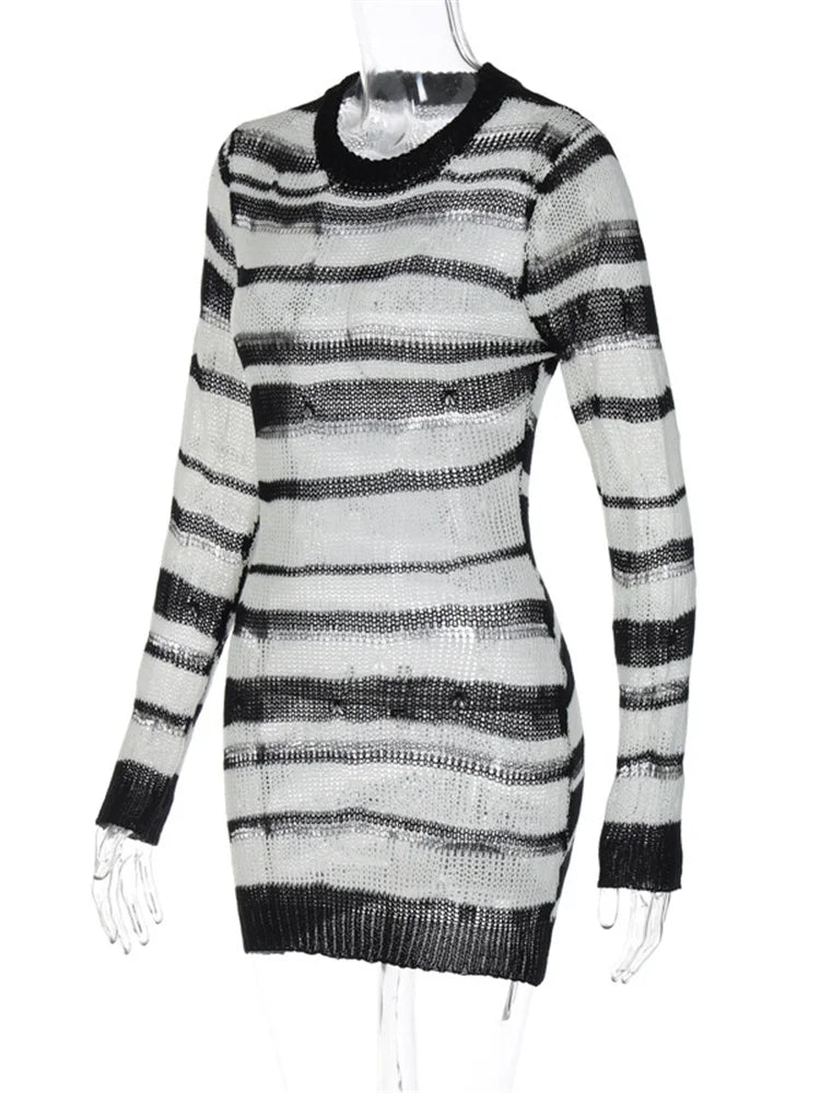 Striped Grunge Crochet Knitted Bodycon Mini Dresses