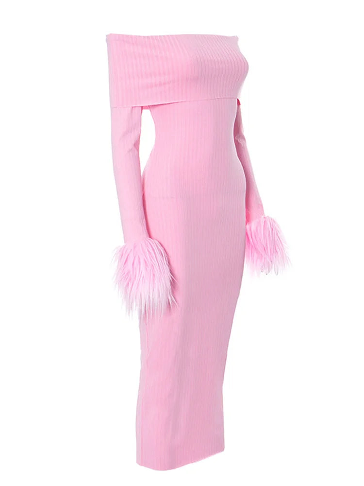 Long Knitted Sleeve OffShoulder Fur Patchwork Ribbed Bodycon Midi Dress