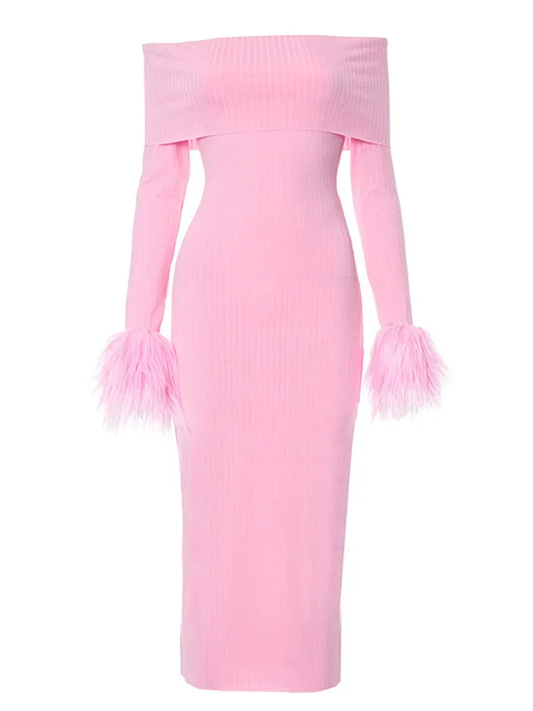 Long Knitted Sleeve OffShoulder Fur Patchwork Ribbed Bodycon Midi Dress