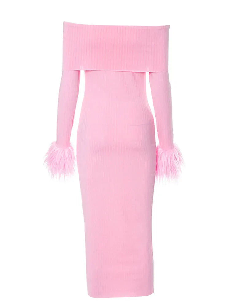 Long Knitted Sleeve OffShoulder Fur Patchwork Ribbed Bodycon Midi Dress