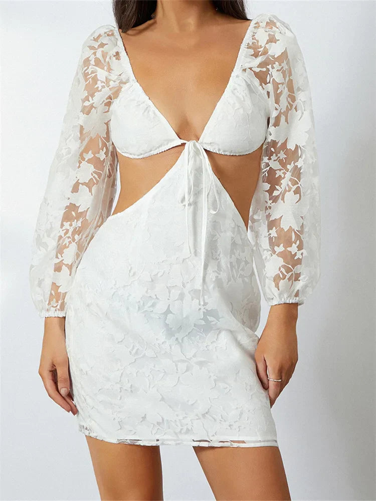 Long Sleeve V Neck Tieup Backless Botanical See Through Mini Dresses