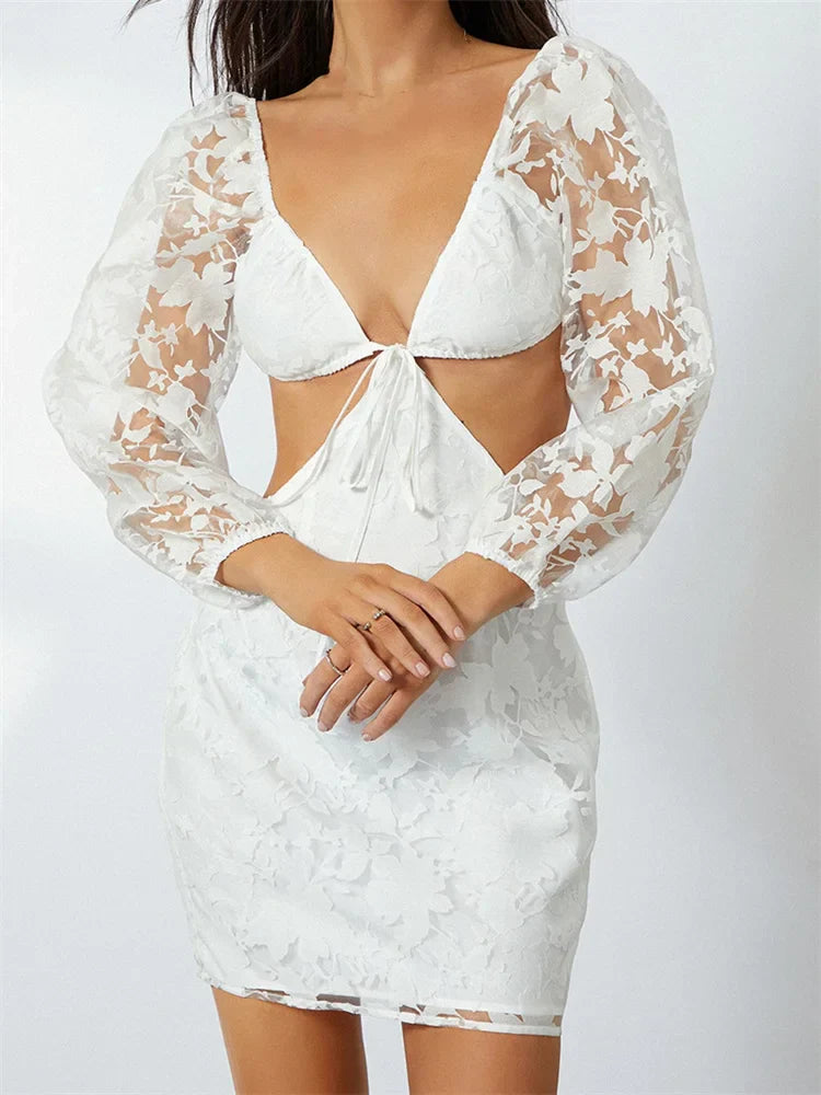 Long Sleeve V Neck Tieup Backless Botanical See Through Mini Dresses