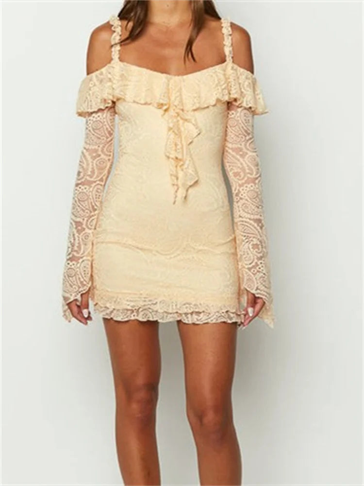 Lace Romantic OffShoulder Ruffled Mini Dresses