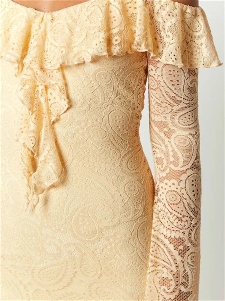 Lace Romantic OffShoulder Ruffled Mini Dresses